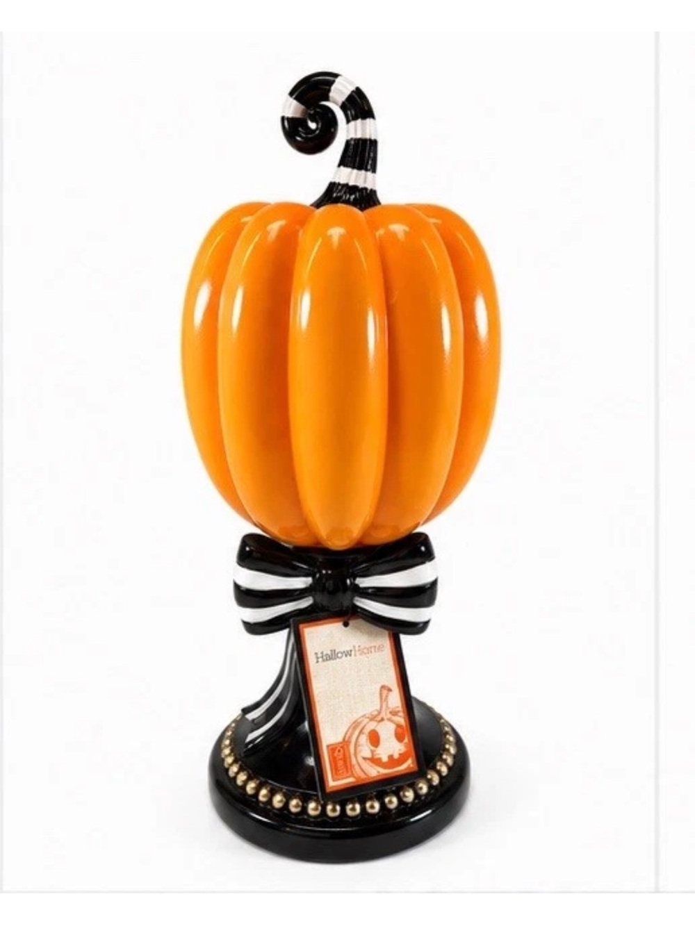 Orange Pedestal Pumpkin Black White Stripe Bow Halloween Decor 13” NWT